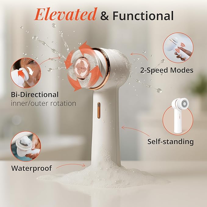 Vanity Planet Raedia 2.0 Facial Cleansing Brush, 4 Interchangeable Brush Heads, White - Daily Cleansing Face Exfoliator for Glowing & Acne Prone Skin - Lightweight Silicone Water-Resistant Body Brush