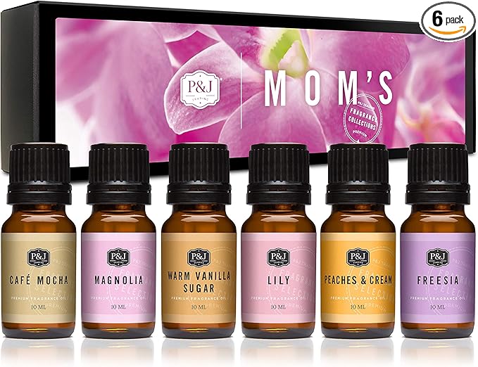 P&J Trading Mom's Set of 6 Fragrance Oils - Lily, Magnolia, Peaches & Cream, Café Mocha, Warm Vanilla Sugar, Freesia Scented Oils for Candle Scents, Soap Making, Diffuser Oil
