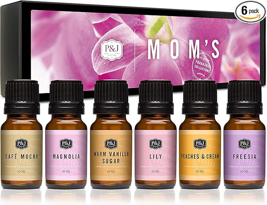 P&J Trading Mom's Set of 6 Fragrance Oils - Lily, Magnolia, Peaches & Cream, Café Mocha, Warm Vanilla Sugar, Freesia Scented Oils for Candle Scents, Soap Making, Diffuser Oil