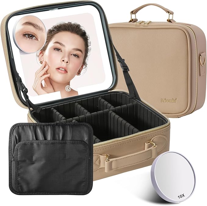 Mocado Travel Makeup Bag with LED Lighted Mirror,Travel Makeup Organizer,Makeup Case with 3 Color Lighted Setting and 10x Magnifying Mirror,Portable Storage and Adjustable Dividers Makeup Box(Khaki)
