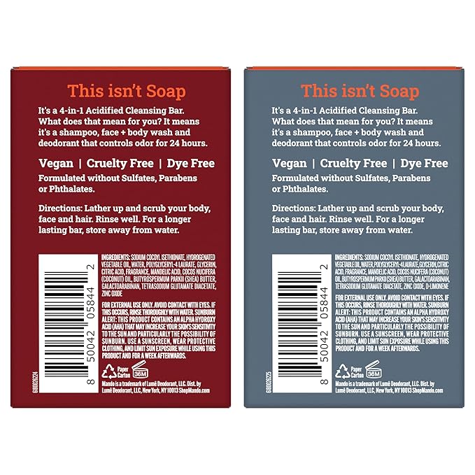 Mando 4-in-1 Acidified Cleansing Bar - 24-Hour Odor Control - Moisturizing Formula - Formulated without SLS and Parabens - Safe For Sensitive Skin - 5 ounces (Pack of 2) - Bourbon Leather & Mt Fuji