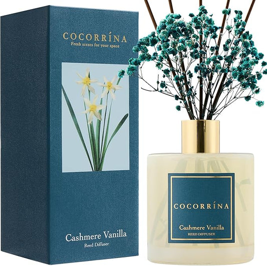 COCORRÍNA Reed Diffuser - Cashmere Vanilla 17 Fl.oz Reed Diffuser with 8 Sticks Scented Diffuser with Preserved Flowers for Bathroom Home Decor