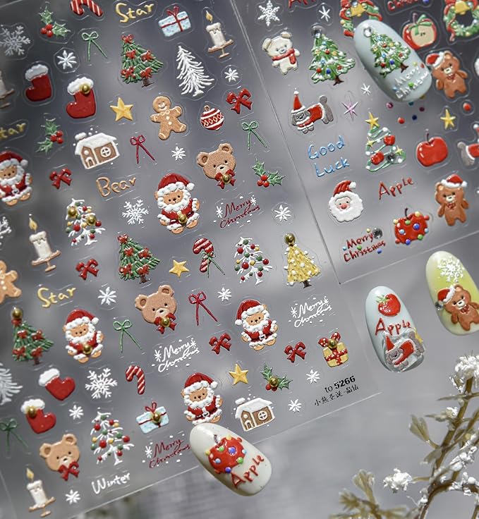 Christmas Nail Art Stickers Decals 5D Embossed Santa Claus Xmas Tree Nail Decals with Crystal 1PCS Cute Bear Bow Candy Cane Snowflake Christmas Nails Adhesive Stickers for Holiday Manicure Decorations