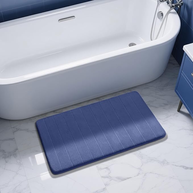 Yimobra Long Bath Mat 44"x24", Super Soft Quick Dry Memory Foam Bathroom Rug, Water Absorbent, Non Slip Backing Machine Washable for Tub Shower, Thick Comfort Support, Navy Blue