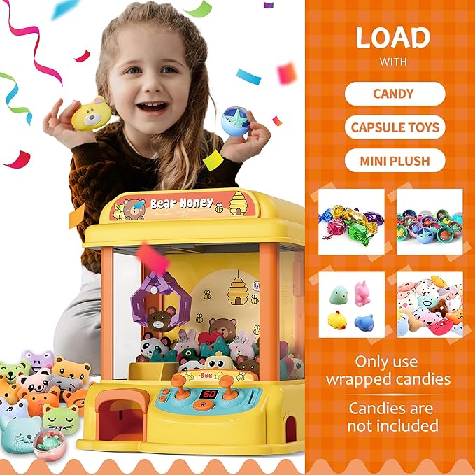 Kids Claw Machine - Toy Vending Machine for Kids with Plush Prizes, Lights & Sound, Electronic Claw Game Machine for Boys & Girls, Arcade Prize Dispenser for Party & Birthday Gifts