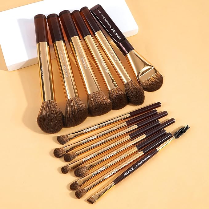MAANGE 14-Piece Makeup Brush Set with Aluminum Ferrule- Premium Synthetic Makeup Brushes Kit Foundation Powder Brush Eye Shadow for Beginners & Professionals(Gold Coffee)