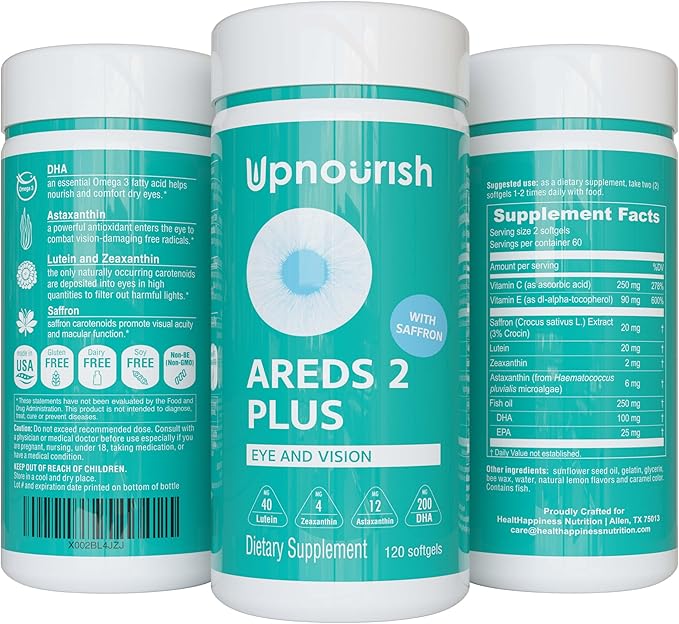 UpNourish AREDS 2+ - Advanced Eye Vitamin Supplement for Macular Health and Dry Eye - Lutein, Zeaxanthin, Saffron, Astaxanthin & DHA - Supports Eye Strain, Pressure, Night Vision - 120 softgels