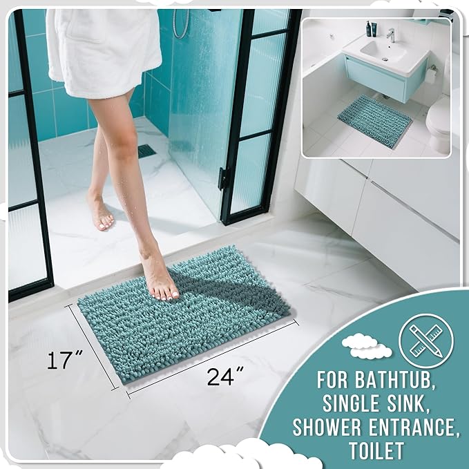 Yimobra Bathroom Rugs Non Slip Washable 24x17 Inch - Ultra Soft Absorbent Chenille Bath Mat, Quick Dry Shaggy Floor Carpet for Tub Shower, Teal Blue Home Decor Accessories