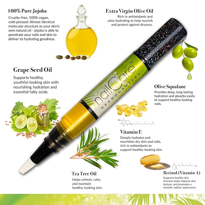 Cuticle Oil Pen for Nails - Nail Strengthener & Growth Oil and Serum for Damaged Nails, Hangnails w/Jojoba cuticle oil—Coconut Lime Verbena Fragrance - Holographic Glitter Pens 4-Pack