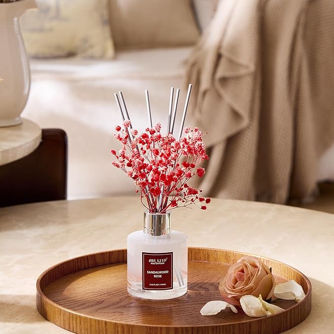 Airkeep Reed Diffuser Set,3.38 fl oz (100 ml) - Sandalwood Rose Oil Diffusers with 8 Reed Sticks,Home Fragrance Reed Diffuser for Bathroom Shelf Decor