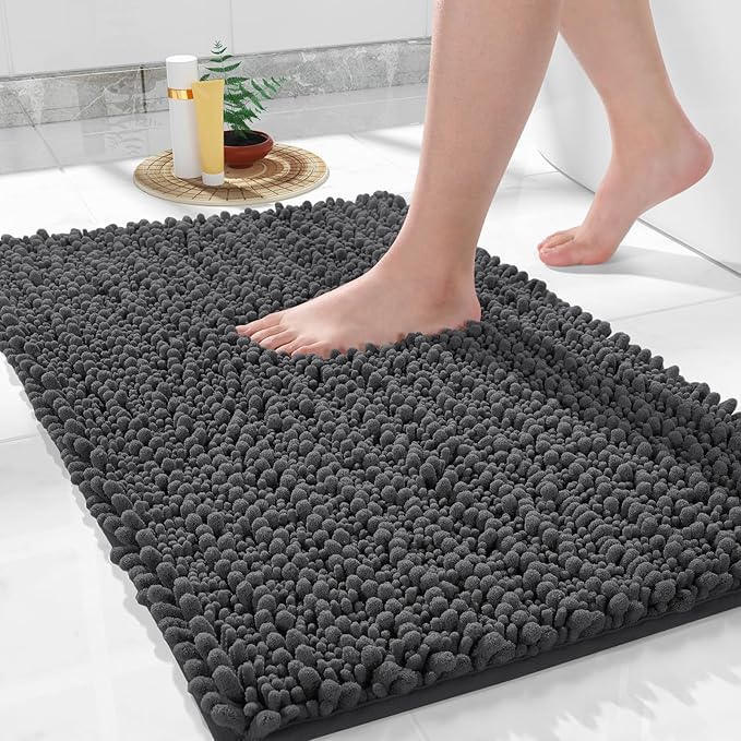 Yimobra Bathroom Rugs Non Slip Washable 32x20 Inch - Ultra Soft Absorbent Chenille Bath Mat, Quick Dry Shaggy Floor Carpet for Tub Shower, Dark Gray Home Decor Accessories