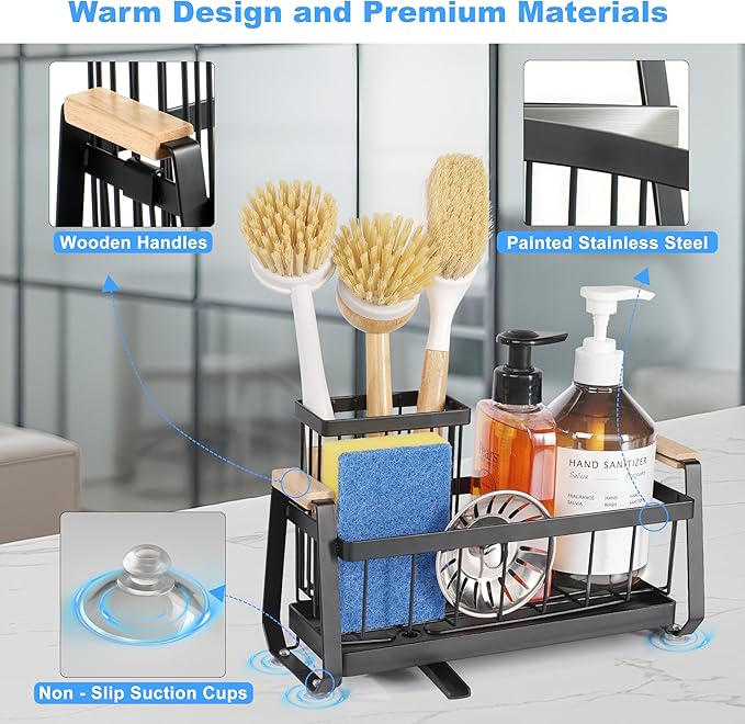 Suction Cup Sponge Holder for Kitchen Sink Caddy Organizer Rack for Dish Brush Holder and Soap Dispenser, Stainless Steel Sink Sponge Caddy for Bathroom Countertop Storage Auto Drain