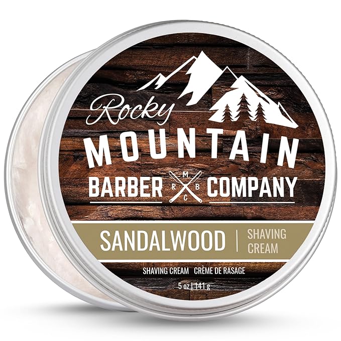 Shaving Cream for Men with Sandalwood Essential Oil - Thick Lather for Traditional and Cartridge Shaving - by Rocky Mountain Barber Company – 5oz Tin