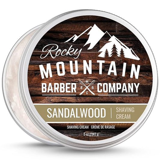Shaving Cream for Men with Sandalwood Essential Oil - Thick Lather for Traditional and Cartridge Shaving - by Rocky Mountain Barber Company – 5oz Tin