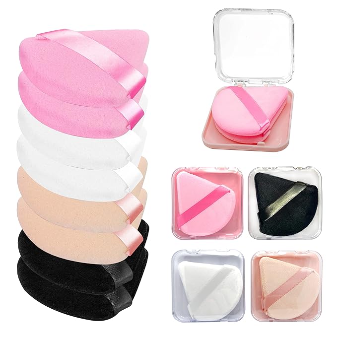 8 Pieces Triangle Powder Puff with 4 Travel Cases, Triangle Makeup Puff, Reusable Velour Makeup Sponge Blending Puff for Loose Powder and Foundation, Beauty Makeup Tools (4 colors)