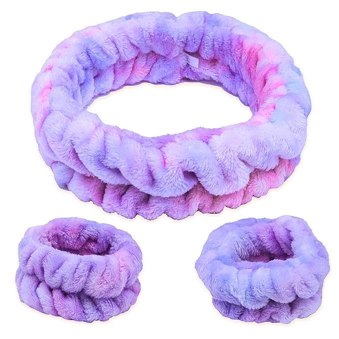 FROG SAC Puffy Spa Headband and Wristbands for Face Washing, Fuzzy Skincare Headbands for Women, Soft Makeup Skin Care Hair Accessories for Girls, Make Up Hair Band (Tie Dye)