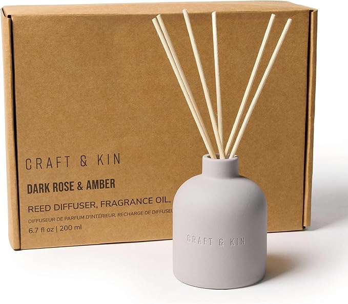 Craft & Kin Christmas Reed Diffuser for Home & Bathroom – Rose & Oud Holiday Reed Diffuser Set with Fragrance Sticks, Long-Lasting Alcohol-Free Scent, Earthenware Collection, 6.7oz