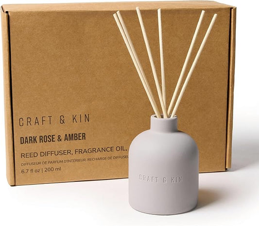 Craft & Kin Christmas Reed Diffuser for Home & Bathroom – Rose & Oud Holiday Reed Diffuser Set with Fragrance Sticks, Long-Lasting Alcohol-Free Scent, Earthenware Collection, 6.7oz