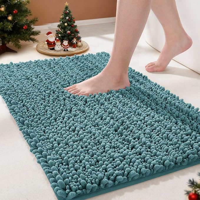Yimobra Bathroom Rugs Non Slip Washable 24x17 Inch - Ultra Soft Absorbent Chenille Bath Mat, Quick Dry Shaggy Floor Carpet for Tub Shower, Teal Blue Home Decor Accessories