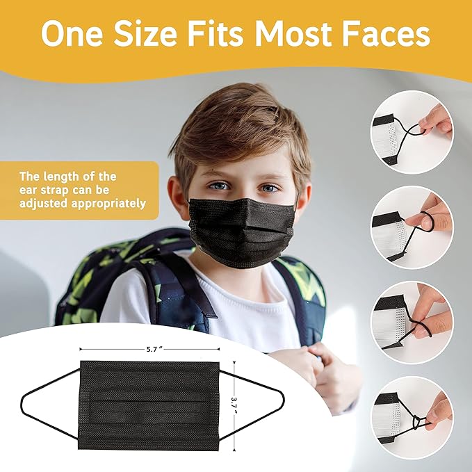 akgk 100Pcs Kids Disposable Face Mask Protective Childrens Black Safety Masks