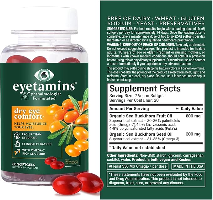eyetamins Dry Eye Comfort - 60 Softgels - Ophthalmologist - Formulated, Natural - Himalayan Sea Buckthorn Oil - Vegan and Non-GMO Formula