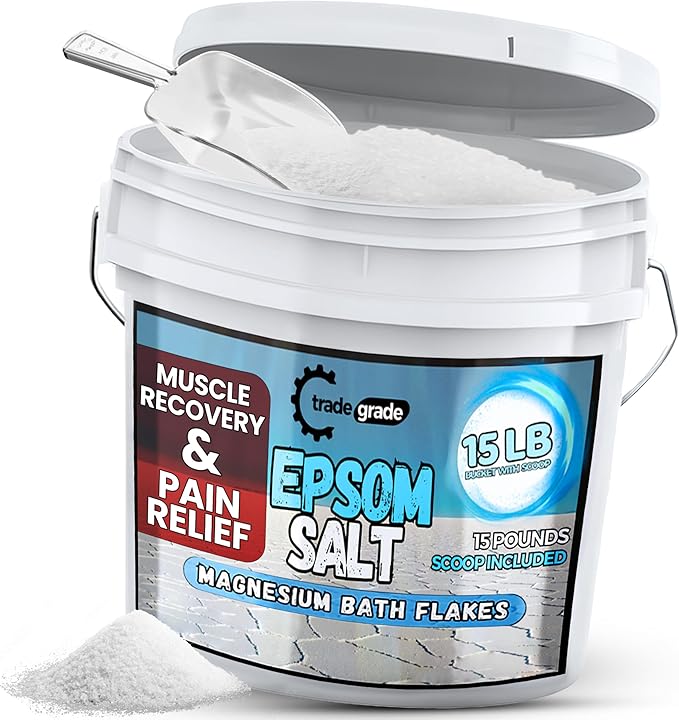 Epsom Salt Bath Soak 15 lb Bucket – Unscented, Pure Epsom Salt Bulk Crystals, Magnesium Sulfate for Full Body or Foot Soaks, Resealable Container with Scoop for Home Bath Use