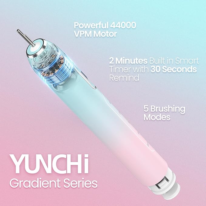 YUNCHI Sonic Electric Toothbrush for Adults & Kids, Rechargeable Battery Electric Toothbrush, 8 Brush Heads, 5 Modes, 44000 VPM Motor, 2 Min Smart Timer, IPX7 Waterproof, Travel Case, 90 Days-Gradient