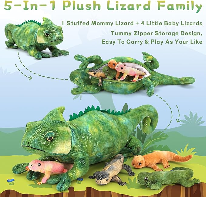 MorisMos Plush Lizard Stuffed Animals, 27'' Giant Mommy Chameleon Stuffed Animal with 4 Baby Lizard Toys for Kid Girl Boy, Realistic Large Iguana Mom, Cute Gecko Toys Gift for Kid Birthday Christmas