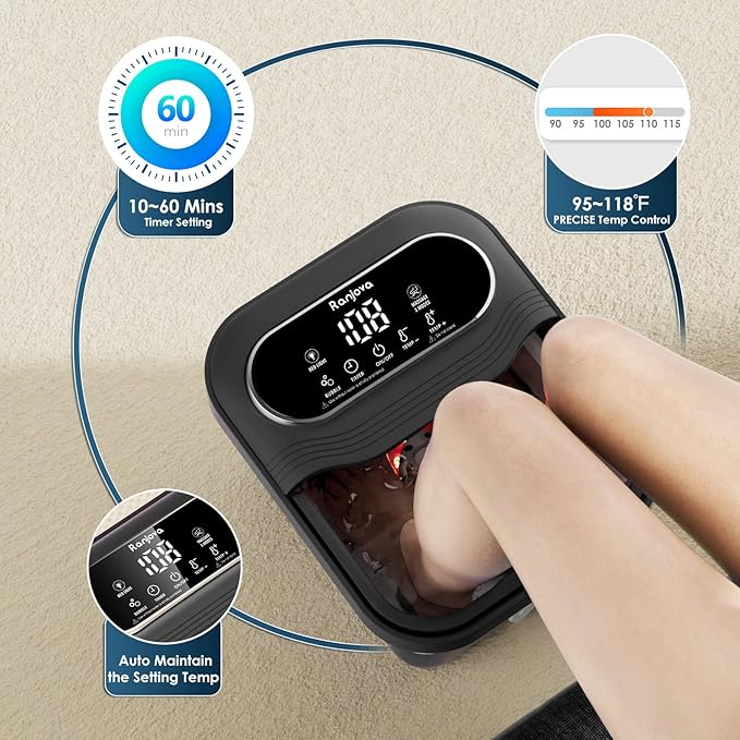 Collapsible Foot Spa Electric Rotary Massage, Foot Bath with Heat, Bubble,Temp Control, and 24 Motorized Shiatsu Massage Balls, Pedicure Foot Spa Tub for Stress Relief (Black)