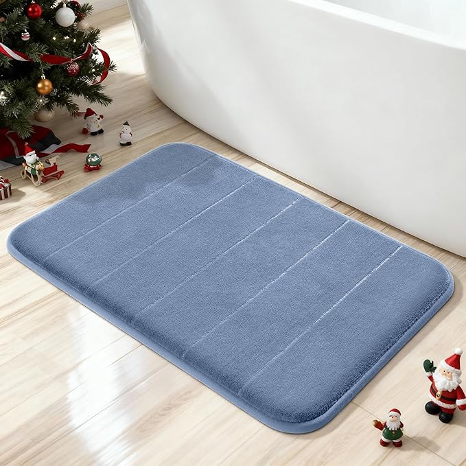 Yimobra Memory Foam Bath Mat, Super Soft Absorbent Bathroom Rug Non Slip, Quick Dry, Machine Washable Floor Carpet for Tub Shower, Home Decor Accessories, 24x17, Denim Blue