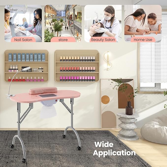 S AFSTAR Portable Nail Table, 35" Foldable Manicure Table with Electric Dust Collector, Bendable LED Lamp, Carry Bag & 4 Lockable Wheels, Professional Nail Desk Nails Salon Station (Pink)