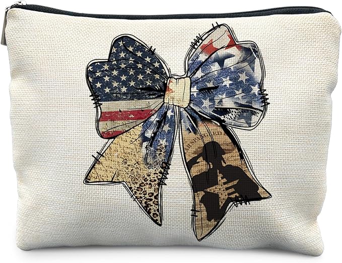 Retro American Flag Bow Makeup Bag for Women, Patriots Gifts for Women, Coquette Girly Patriotic Cosmetic Bag for Purse, American Flag Gifts Makeup Zipper Pouch