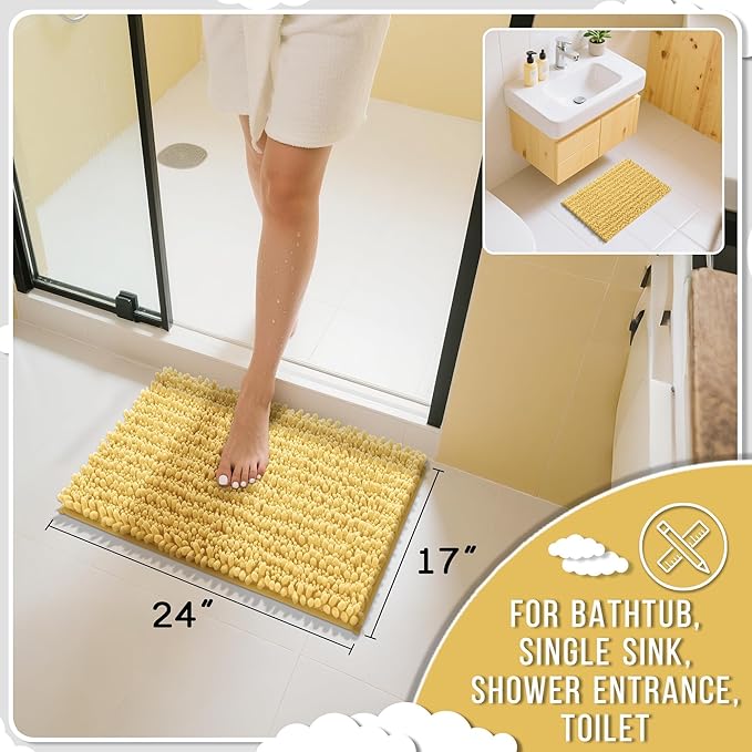 Yimobra Bathroom Rugs Non Slip Washable - Ultra Soft Absorbent Chenille Bath Mat, Quick Dry Shaggy Floor Carpet for Tub Shower, Yellow Home Decor Accessories, 24x17 Inch