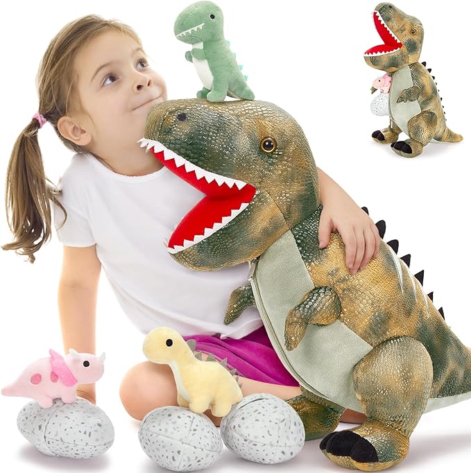 MorisMos Dinosaur Stuffed Animals Set,23.6'' Big Stuffed Dinosaur Mommy + 3 Baby Dino Toys+3 Plush Dino Eggs, Boy Girl T-Rex Toys for Kid Birthday Gift,Realistic T-rex, CPC Certified,Machine Washable