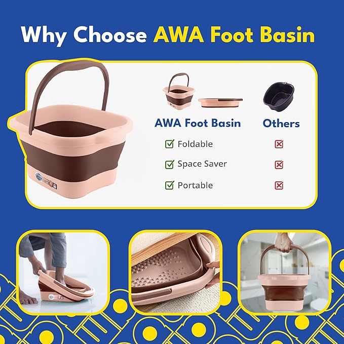 AWA Foot Soaking Tub, Collapsible Foot Bath Soak Tub for Soaking Feet, Pedicure Bowl, Plastic Feet Soaking Tub with Acupressure Massage Points, Foldable Laundry Basket (Pink Foot Tub)