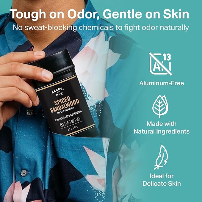 Barrel & Oak Aluminum Free Deodorant for Men, Natural Men's Deodorant with Sea Salt & Amber Essential Oil for Delicate Skin, Grooming Kit Gifts for Men, Spiced Sandalwood, 2.7 oz