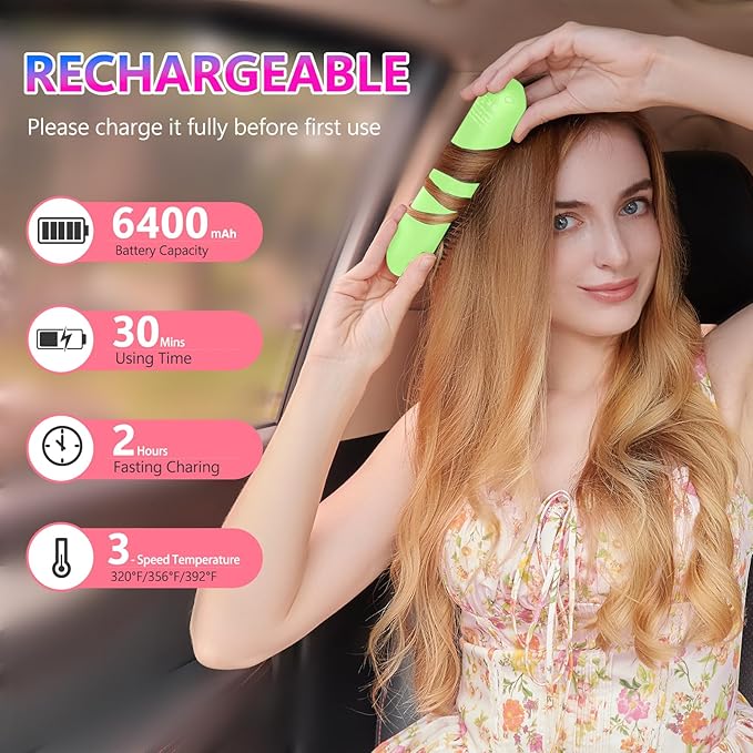 LCD Screen Cordless Hair Straightener Curler 2 in 1, Portable Mini Hair Straightening Brush for Travel Negative Ionic Fast Heating Hot Comb for Women, Folding Brush with Mirror, Green