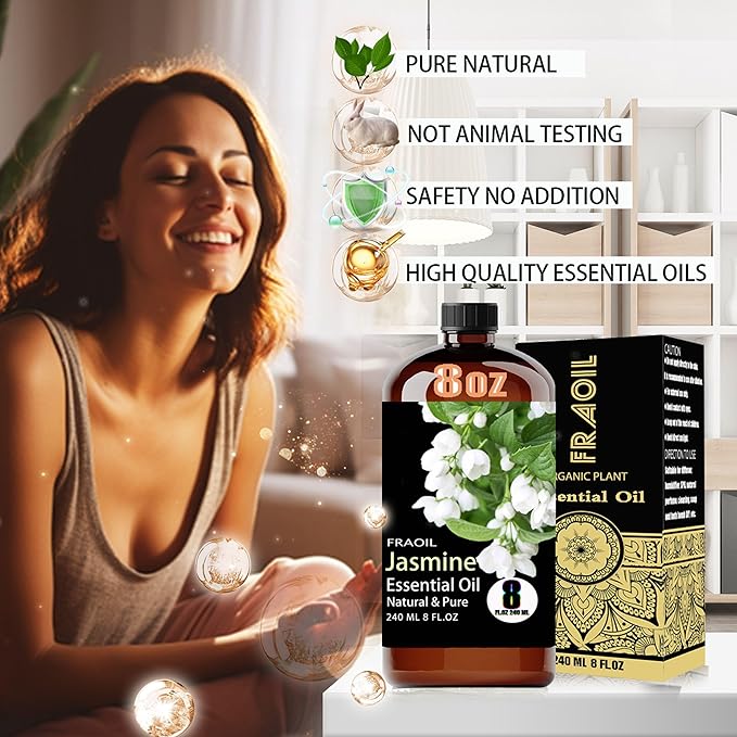 Jasmine Essential Oil, Jasmine Oil 8 Fl Oz 240ML for Diffuser Humidifier Yoga Cleaning DIY Candle Soap Making Perfume Gift for Women Essential Oils
