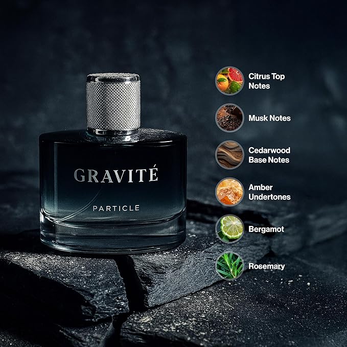 Particle Gravité Cologne Spray for Men, Long Lasting Fresh Scent, Men's Perfume Woody Citrus Fragrance, Notes of Pepper, Rosemary, Grapefruit, Cedar, Cashmere & Musk, 3.38 FL OZ Bottle