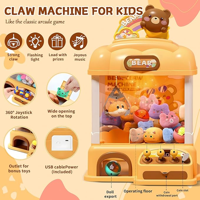 Mini Claw Machine for Kids, Arcade Game Toy for Ages 8-13, Candy Vending Toys for Girls and Boys, Electronic Claw Game Machine for Party with Lights Sound, Christmas Birthday Gifts for Ages 4+