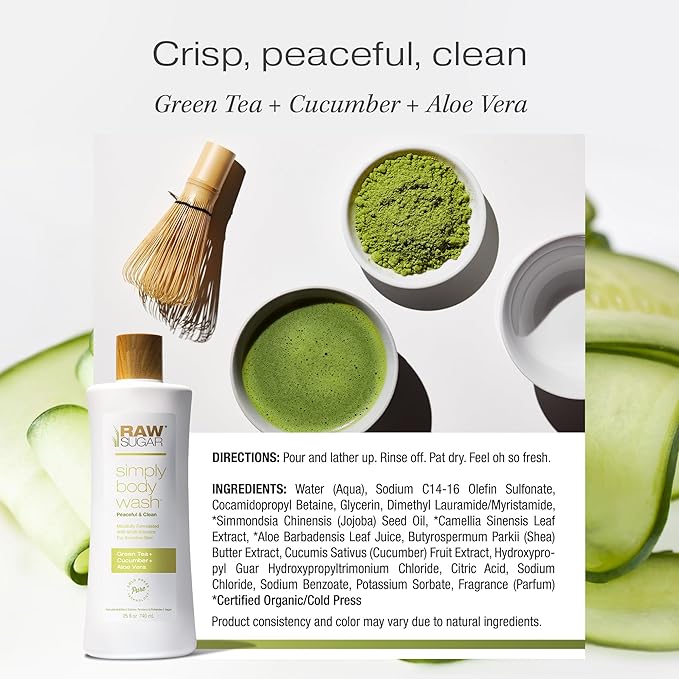 RAW SUGAR Sensitive Skin Simply Body Wash - Green Tea + Cucumber + Aloe Vera, Moisturizing & Brightening Bath & Shower Gel, Sulfate-Free, Paraben-Free & Vegan (Pack of 3)