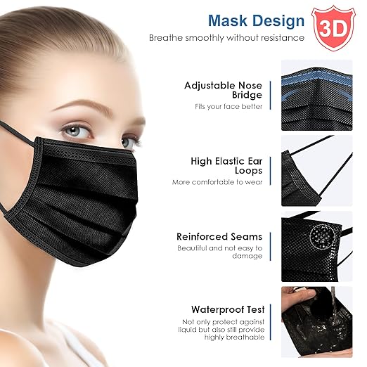 NNPCBT Black Disposable Face Masks 125 Pack,3-Ply Breathable Mask For Adults,Great For Outdoors,Home, Office, School