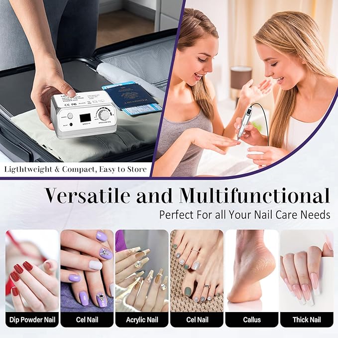 Professional Nail Drill 35000RPM Drill Nail Electric Nail File Dril Nails with 100pcs Sanding Bands and Nail Drill Bits for Acrylic, Gel Nail Manicure & Pedicure