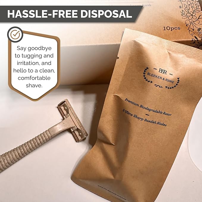 Bleeker and Rowe Eco Friendly Biodegradable Disposable Razors - Plant Based - Triple Swedish Steel Blades - Individually Wrapped (10)