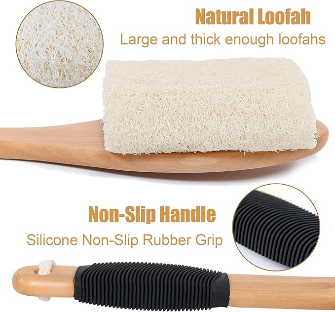 OWIIZI Back Loofah Scrubber Brush with Long Handle, Hard Loofa Sponge Body Bath Scrubber for Shower, Natural Luffa Skin Exfoliating On a Stick for Men Women Elder