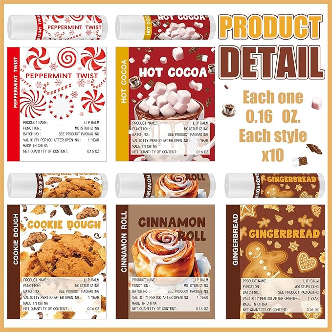 50pcs Christmas Peppermint Flavor Lip Balms Gift Bulk Candy Gingebread Hot Cocoa Cookie Cinnamon Flavor Lip Balm Favor Christmas Party Gift Stocking Stuffer for Coworker Staff Employee (Sweet)