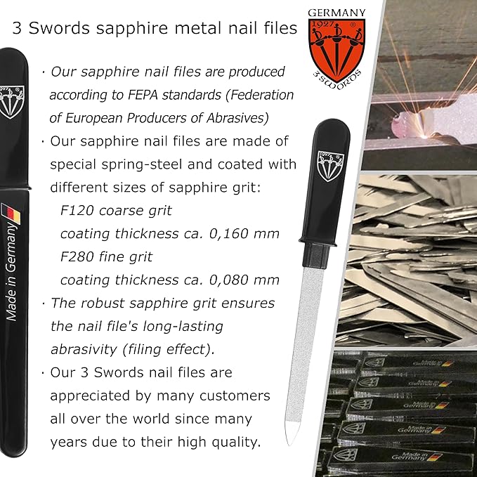3 Swords Germany - Brand Quality Double Sided (fine & coarse) Sapphire Metal Pocket Nail File (1 Piece), Made in Solingen Germany