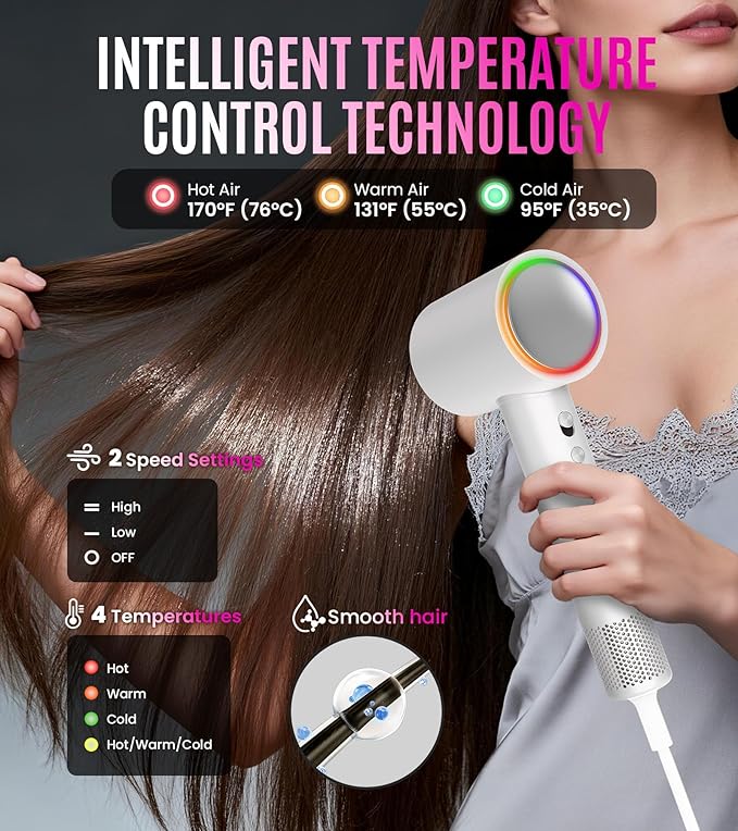 16W RPM High-Speed Hair Dryer for Fast Drying, Quiet lonic Blow Dryer with Frizz Control & No Heat Damage, Lightweight Travel Hair Dryer with Magnetic Nozzles for Curly & Straight Hair (White)