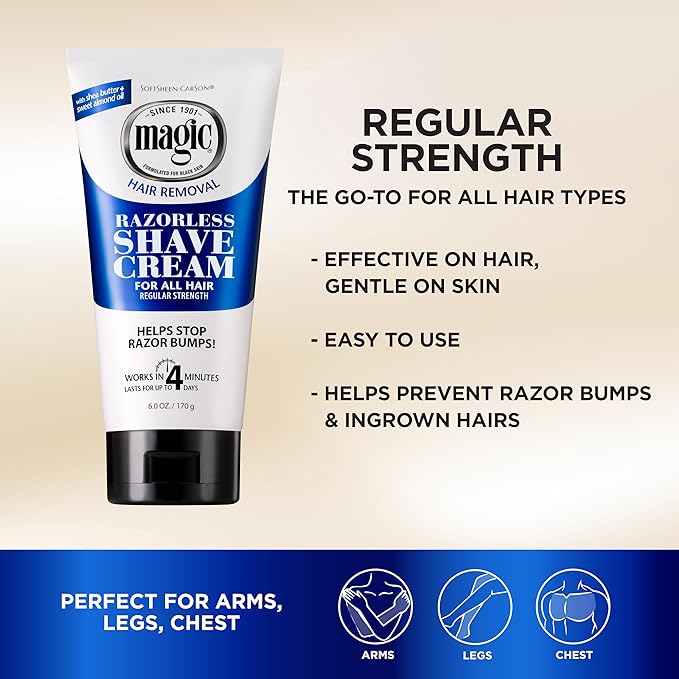 SoftSheen-Carson Magic Razorless Shaving Cream, Depilatory Hair Removal Cream for Body Hair, Regular Strength, Works in 4 Minutes, 6 Oz