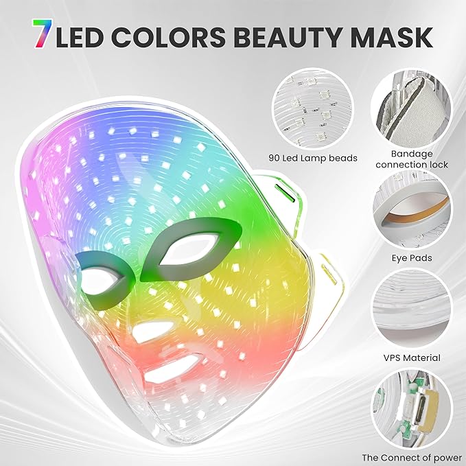 7-1 Colors LED Facial Skin Care Mask,Red Light Mask for Face, Cordless Led Face Mask Light,Salon or Home,White.